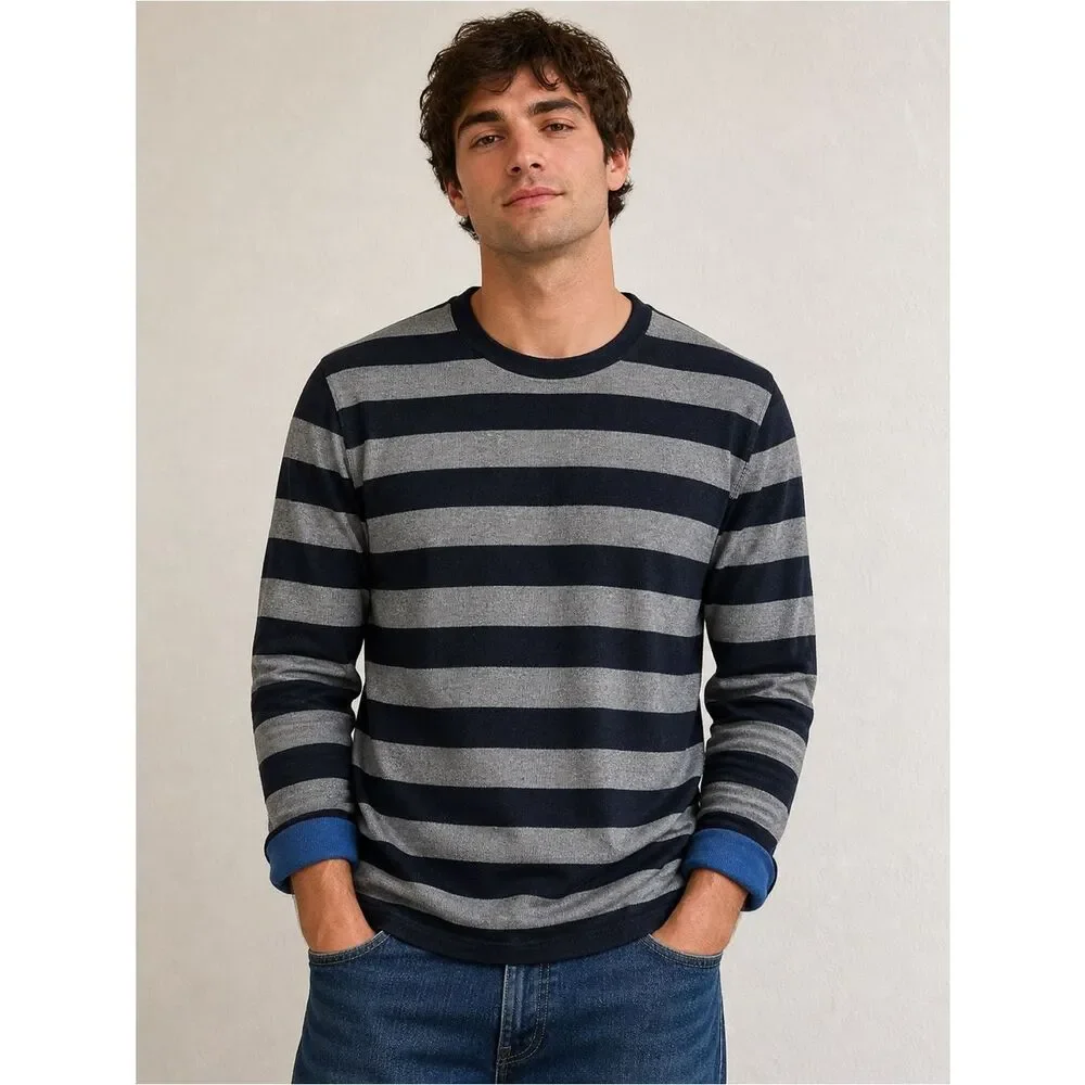 Banana Republic Luxury Blend Navy & Gray Striped Sweater Cashmere Silk XL Mens